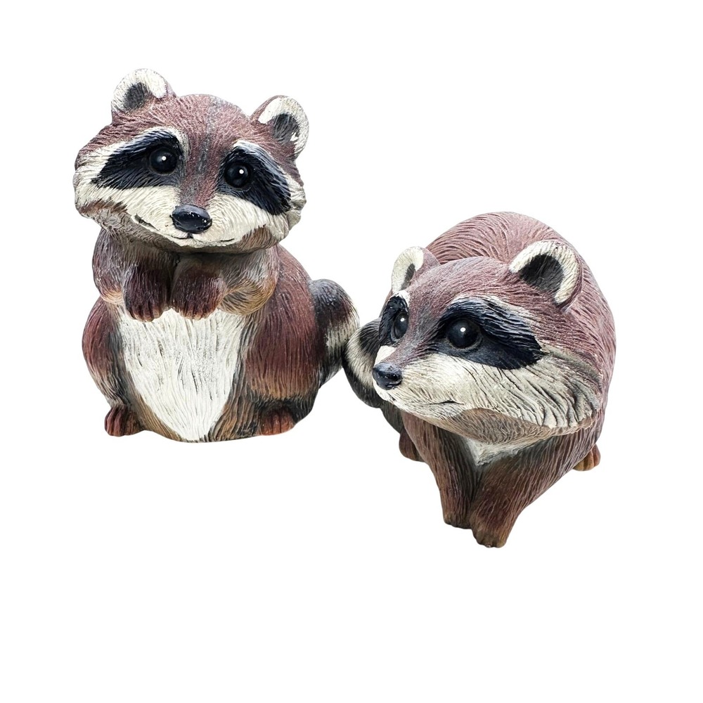 Vintage 1991 Artline Raccoon Figurines Pair Sitting & Standing Detailed Resin
